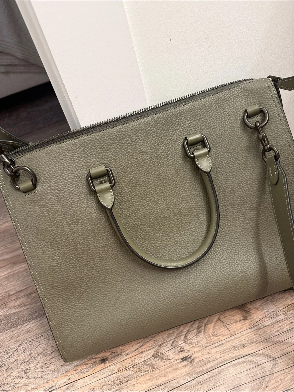 Coach Olive Green Pebbled Leather Laptop Tote with Detachable Strap